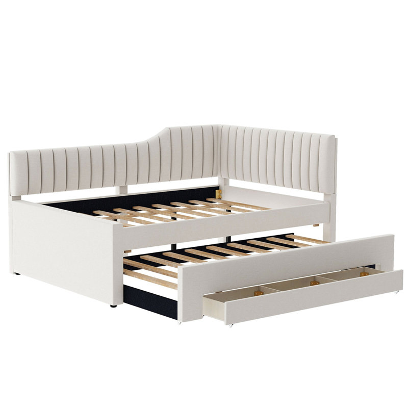 Lit de jour double rembourré avec lit gigogne et trois tiroirs, Beige, Double