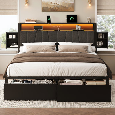 Très grande base de lit tapissier très grand avec tiroirs de rangement sous le lit, lumière DEL et multiprise noir
