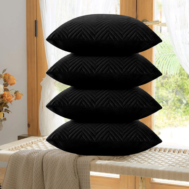 Embossed Velvet Cushion Cover (4 Piece Set), Black