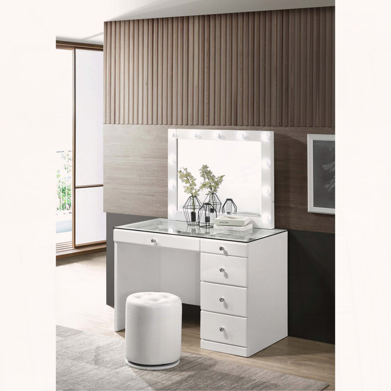 Glam Vanity Table with Glass Top and 5 Drawers, White