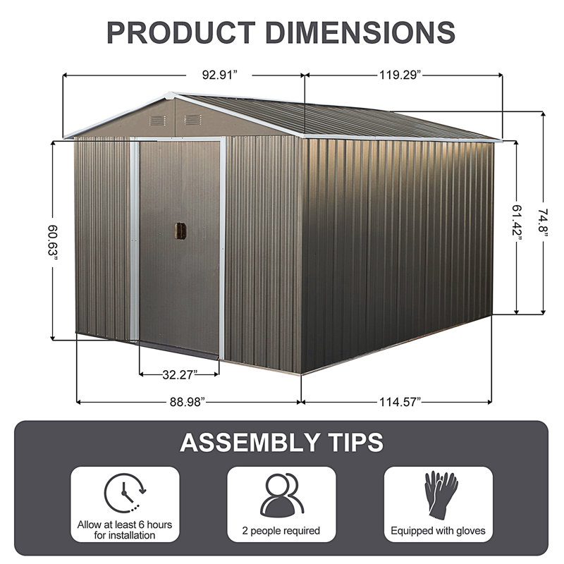 Remise de rangement extérieure en métal 8 x 10 pi avec fondation en métal gris, Gris