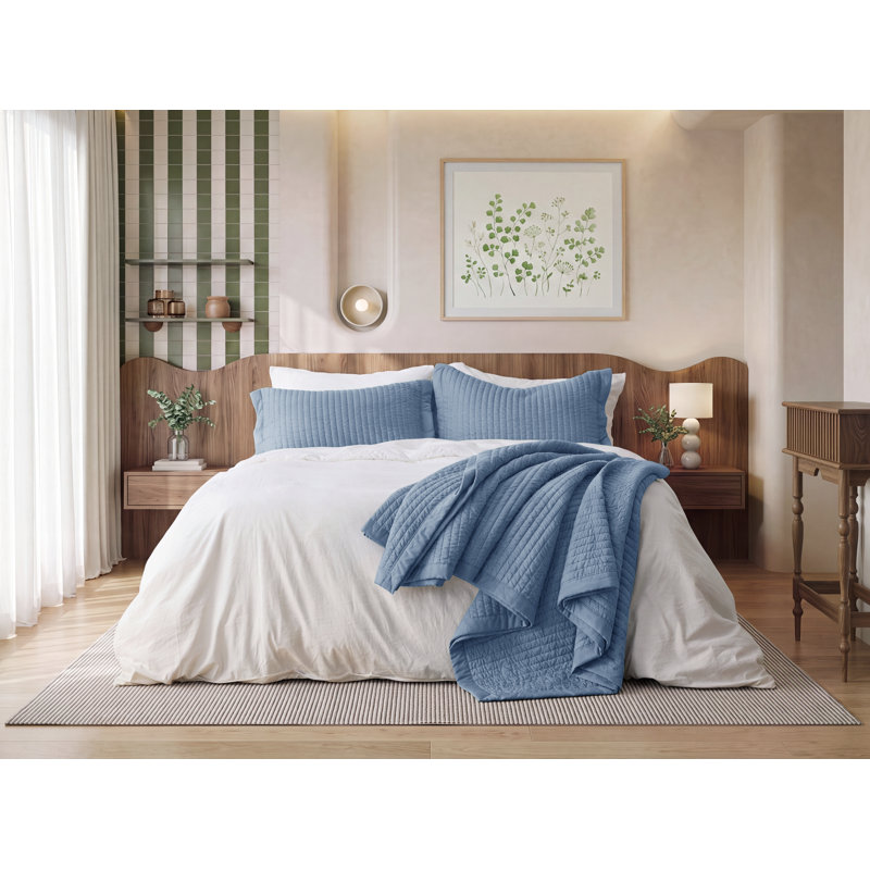 Bedspread Coverlet Lightweight Soft Quilt Bedding Set, Twin Quilt + 1 Standard Pillow Sham, Blue Corduroy