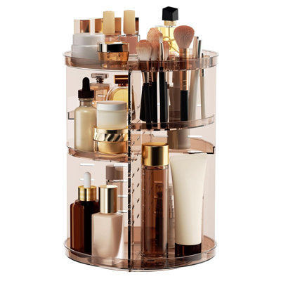 Rotating Makeup Organizer, DIY 8 Adjustable Layers Spinning Skincare Storage, Cosmetic Display Case with Brush Holder and Perfume Tray, Clear Coffee