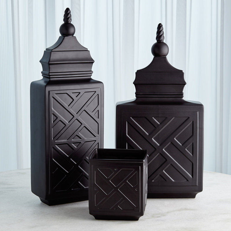 Chinoiserie Handmade Ceramic Jar, Matte Black, 30" H x 10.5" W x 6" D