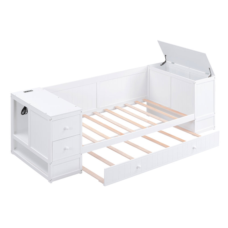 Lit de jour simple blanc avec rangement pour accoudoirs, couchette et charge, Blanc