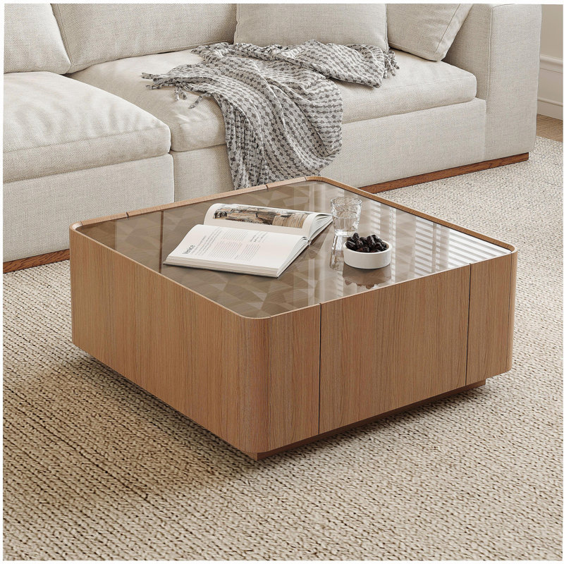 Table basse de 31,5 pouces carrée avec tiroirs de rangement, table basse moderne en bois avec plateau en verre, tables de centre de table de thé pour le bureau de salon, noyer