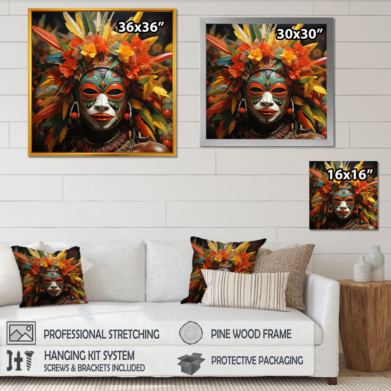 Danse des masques d'Afrique II - décoration murale masque africain, H 16 po x l 16 po x P 1 po, Cadre flottant brun