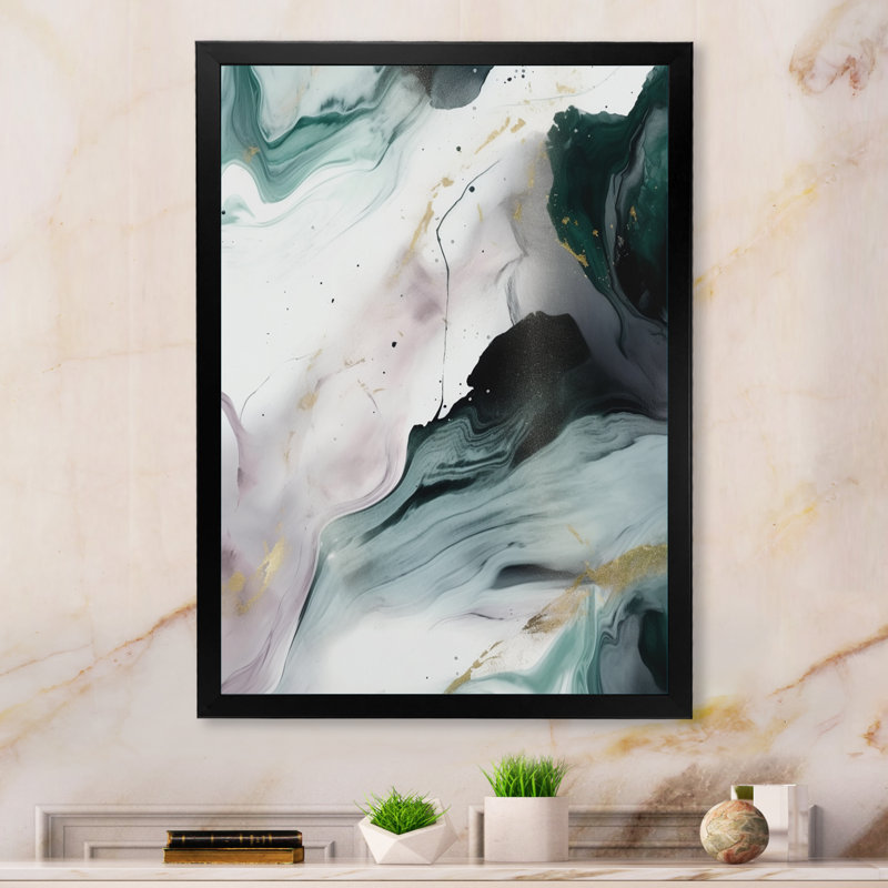 «Green and White Contemplative Abstraction II», art abstrait en marbre encadré, Impression noire sur toile encadrée