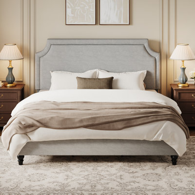 Modern Chenille Upholstered Bed With Adjustable Headboard & Solid Wood Legs