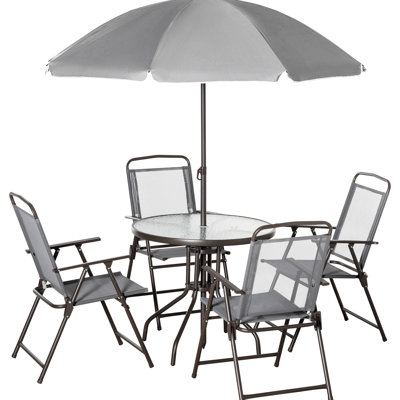 Patio Dining For 4 - Gray Color. Umbrella, Table & Folding Chairs. Portable Tempered Glass Patio. 27.25" H 4 Outdoor In Breathable Garden. 55.36 Lb