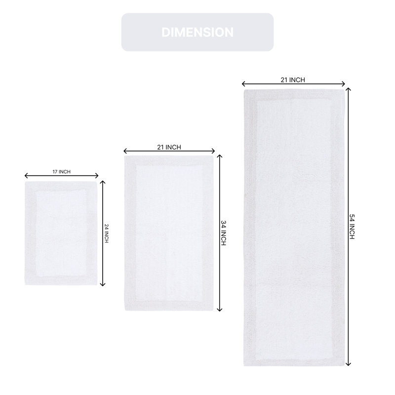 Bruss Luxury 100% Cotton Reversible Bath Rug (Set of 3), White
