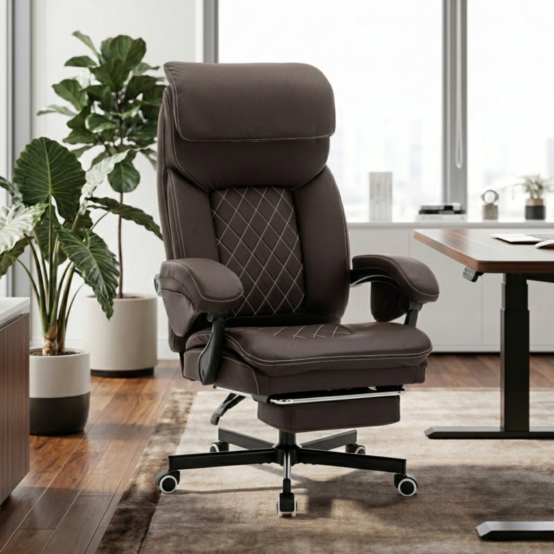 PU Leather  Ergonomic Executive Office Chair, High Back  Office Chair with Footrest, Brown