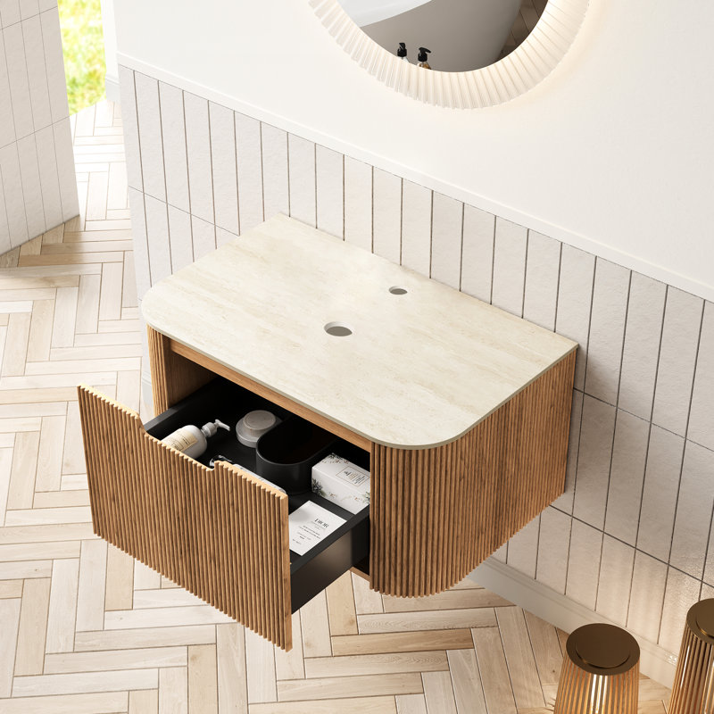 Rangement mural de salle de bain 30 po avec tiroir simple, plateau en pierre frittée romaine, aspect naturel, fabrication en contreplaqué, décor moderne, unité de couleur beige