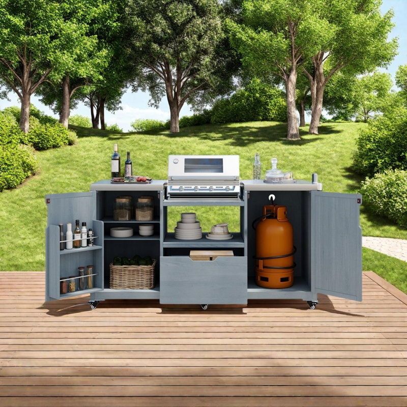 66.5" Outdoor Kitchen Island for Big Green Egg Grills, Grill Cart with Stainless Steel Top and Drawer, Gray Blue