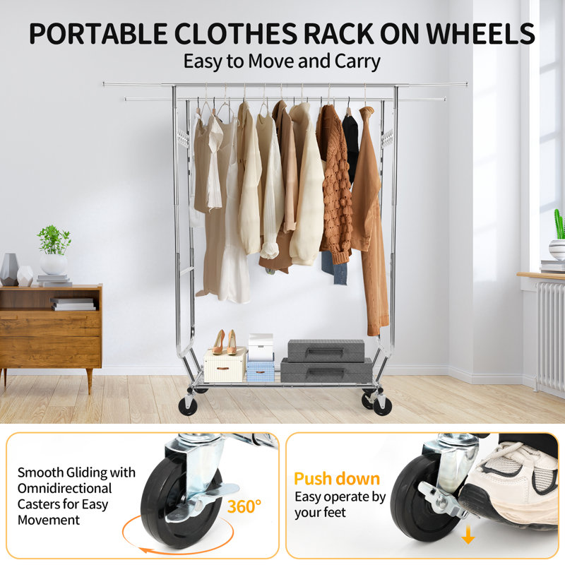Heavy Duty Silver Metal Rolling Clothes Rack with Shelves