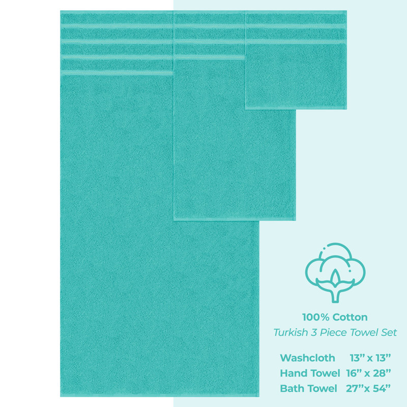 Ensemble de serviettes de bain turque 100% coton 3 pièces, collection super douce et absorbante Darcelle, Bleu turquoise