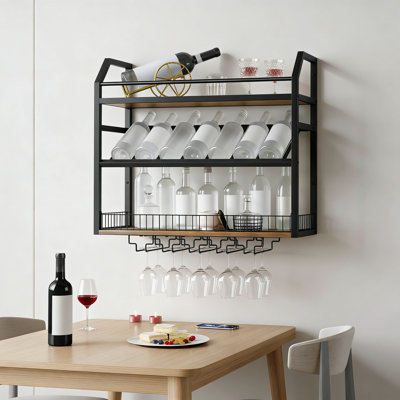 Wall Mounted Wine Rack With Glass Holder, Tiered Storage Shelf For Wine Bottles, Liquor, And Barware, Space-Saving Display For Home Bar, Kitchen, Or D