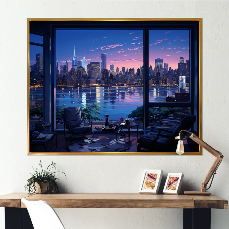 «Blue NYC at Night Window View III - New York City», art sur toile, Cadre flottant doré, H 12 po x l 20 po x P 1 po
