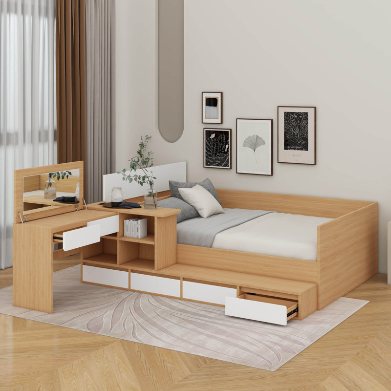 Lit plateforme double avec tiroirs, tablettes et coiffeuse, Naturel