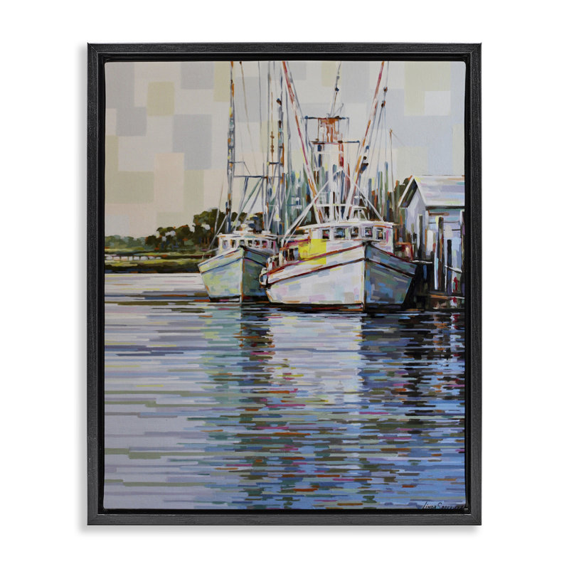 «Shrimp Boat Reflections», peinture par Floater, Cadre flottant noir de jais, H 21 po x l 17 po