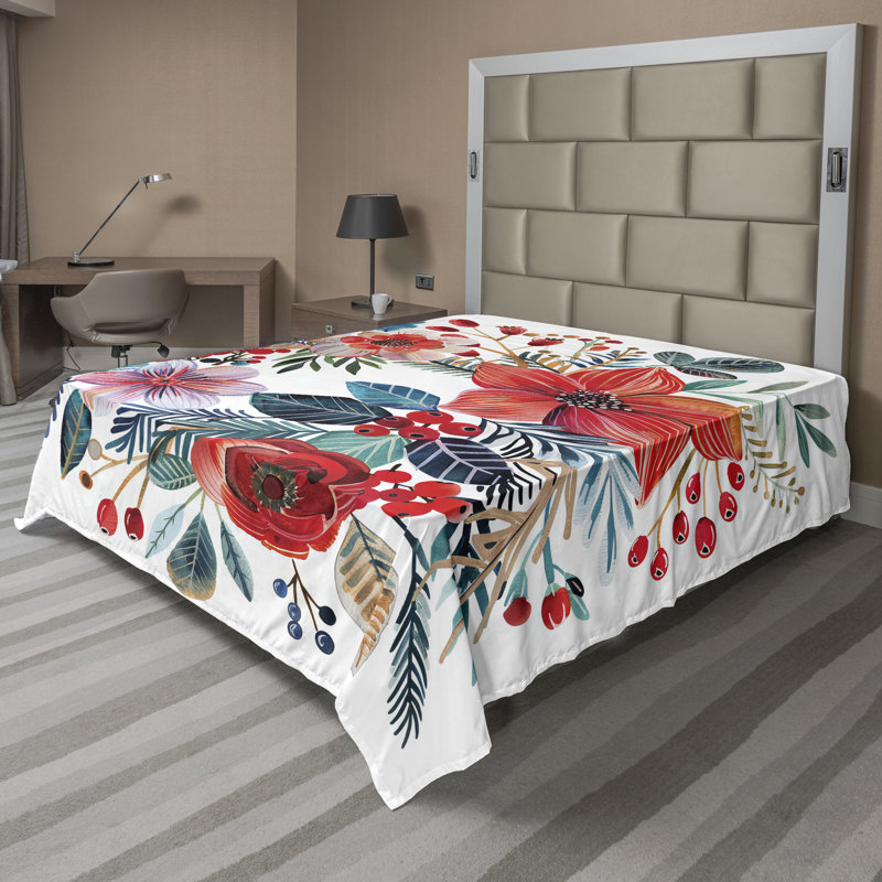 Drap plat moderne de style bohème Ambesonne, Full Flat Sheet, Corail foncé / motif floral bleu pétrole