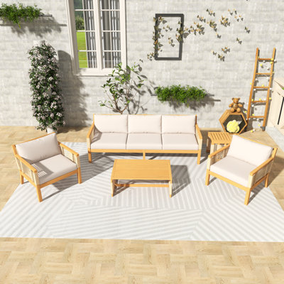 Ensemble de conversation de patio 5 pièces en bois avec coussin beige