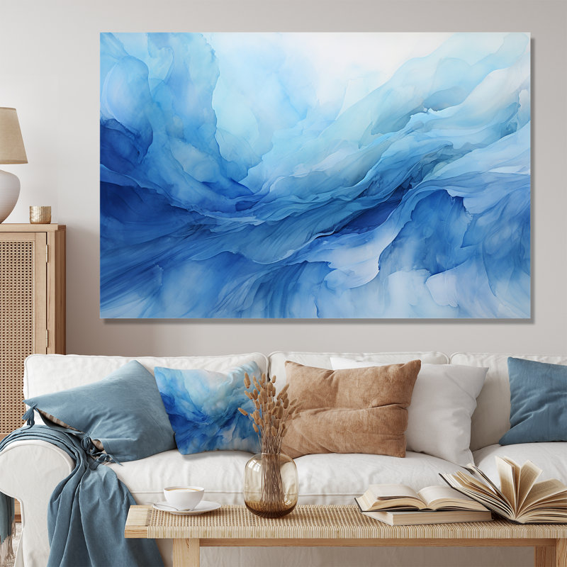 «Blue Emotional Tachisme Waves 1» - art mural tachisme, Toile tendue, H 40 po x l 60 po x P 1,5 po
