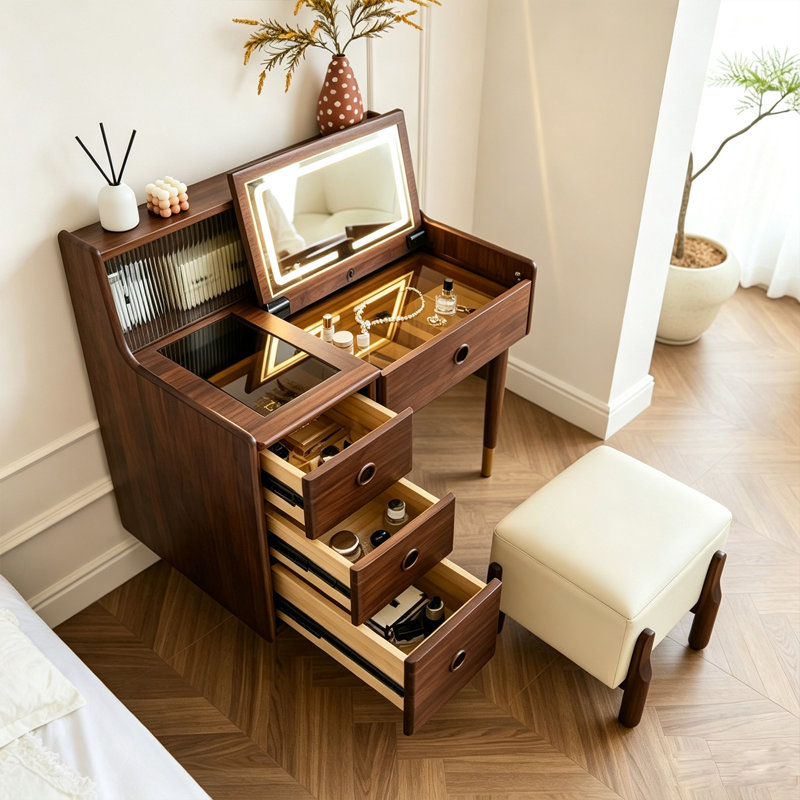 Walnut Solid Wood and Glass Vanity with Mirror and Seat