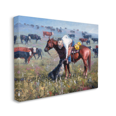 Cowboy, caresser, berger, chien de ferme, bovins, prairies, paysage, ferme grise, estampe numérique, art texturé par Jack Sorenson