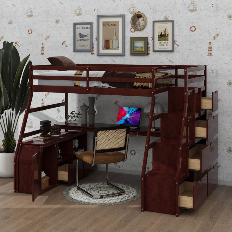 Lit simple de grande taille avec 7 tiroirs, 2 tablettes de présentation et un bureau d'étude, Lit simple, Espresso