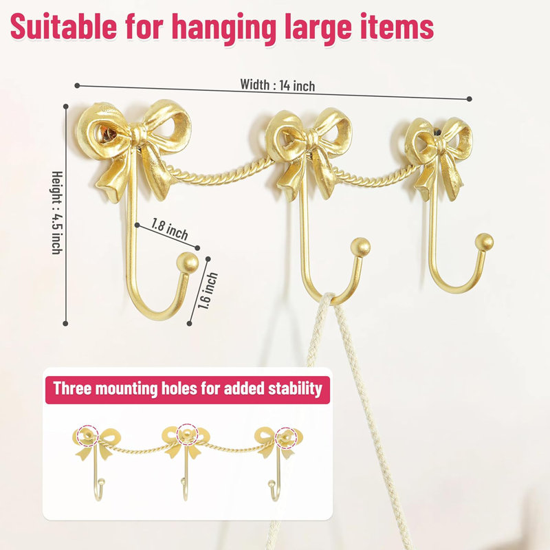 Gold Bow Metal Wall Hooks 3 Pack - Cute Triple Bows Hanger for Nursery