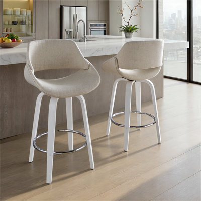 Tabouret de comptoir à hauteur fixe avec pivot en bois blanc et tissu crème avec repose-pieds rond chromé - ensemble de 2