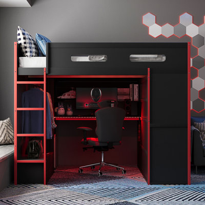 Lit mezzanine double en bois avec bureau