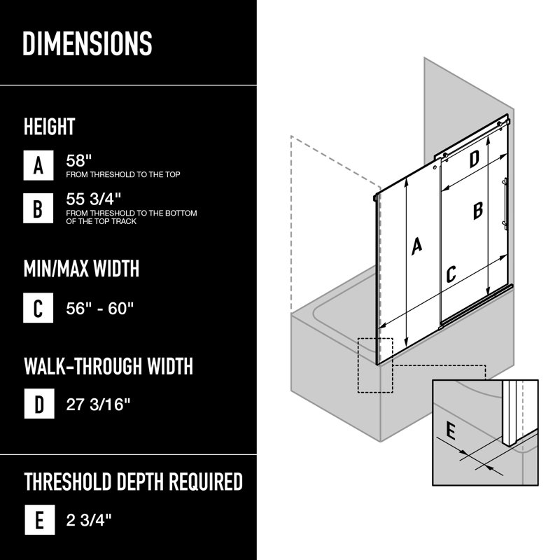 Luca 56-60" W x 58" H Sliding Frameless Tub Door with 3/8" Clear Glass, Chrome