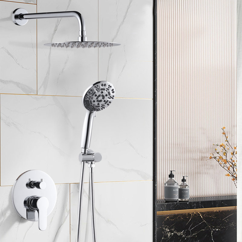 9-Spray Patterns With 1.8 GPM 10 In. Wall Mount Shower System With Two Showerhead, Polished Chrome