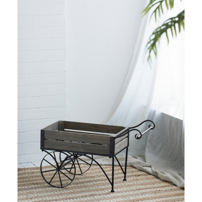 Black Iron And Pine Wood Trolley Cart Stand For Patio Decor, 24.4X12.6X15.4 Inches, 9.9 Lbs Metal Planter With Curved Handle, Lbs, Adds Charm