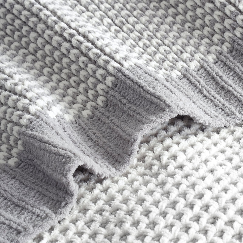 Jeté chenille en tricot nid d'abeille, doudou décoratif réversible, chaleur douce et légère, Gris / Blanc