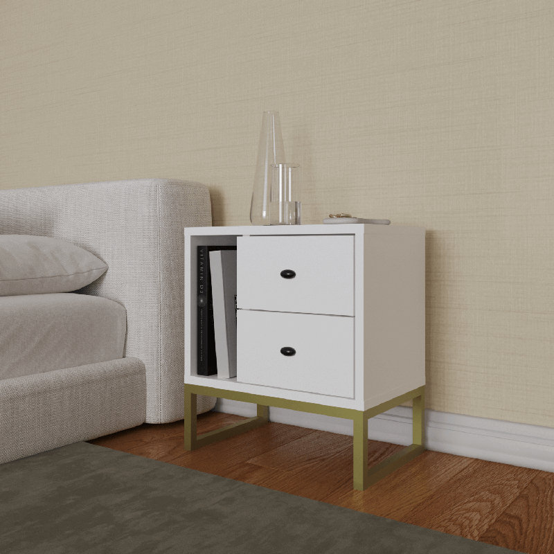 Hazer 2-Drawer Nightstand with Shelf, Metal Legs, Wood White
