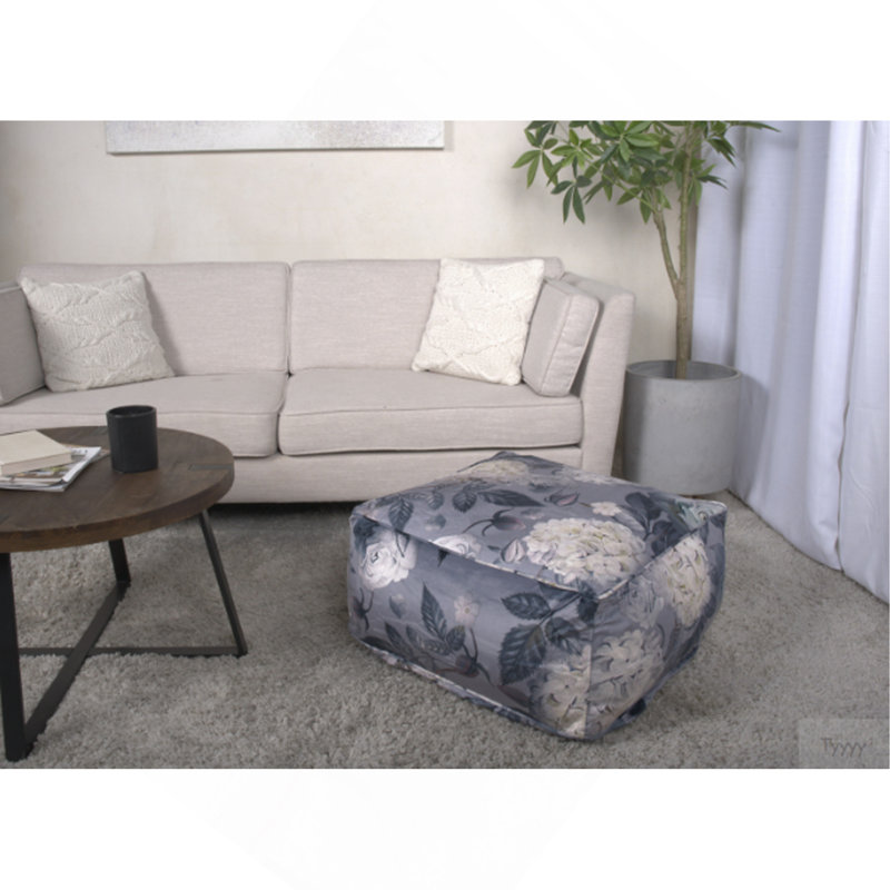 Grand pouf carré Hazel, imprimé floral sur fond gris