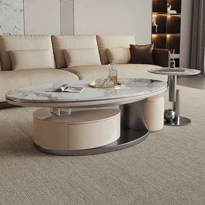 Beige Gray Sintered Stone Manufactured Wood Stainless Steel Oval Coffee Table