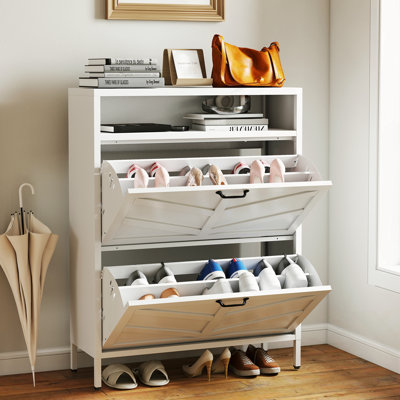 Armoire à chaussures en métal avec 2 tiroirs rabattables et support de rangement ouvert