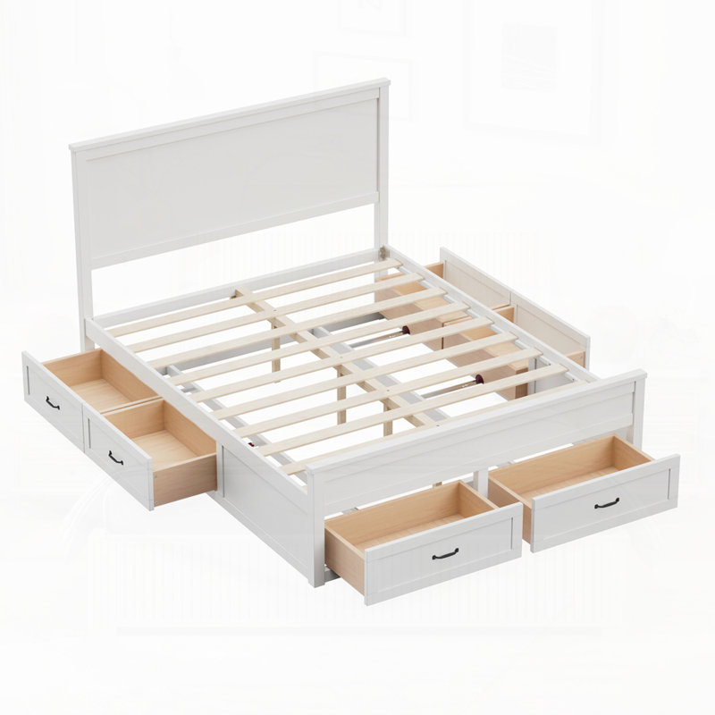 Structure de lit grand avec 6 tiroirs de rangement en bois, Blanc