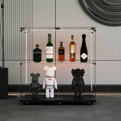 Wine And Display Storage Cabinet With Led Sensing Your Move, Lockable Wheels, For Uneven Surfaces, Black Tempered Glass, 3 - 4 Shelves, Classic Style, Particle Board, 13.41" Wide File Presence,