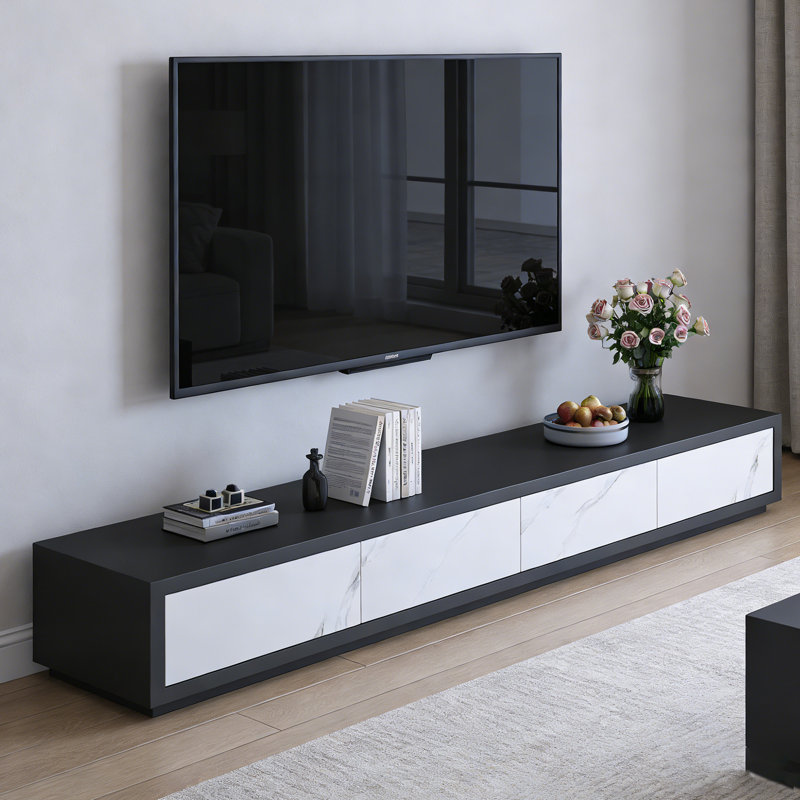 Meuble télé 4 tiroirs Minimalisme, White/Black/Light Grey, 15.74"H x 86.61"L x 15.74"W