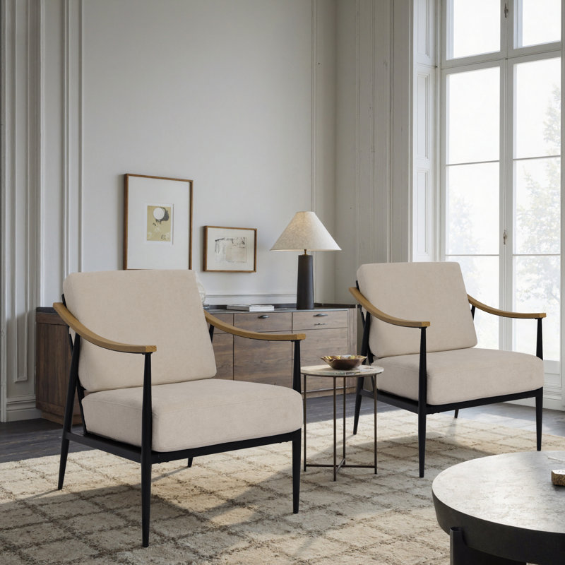 26'' Wide Mid-century Modern Lounge Chair Upholstered Deep Seated Accent Chair, Beige