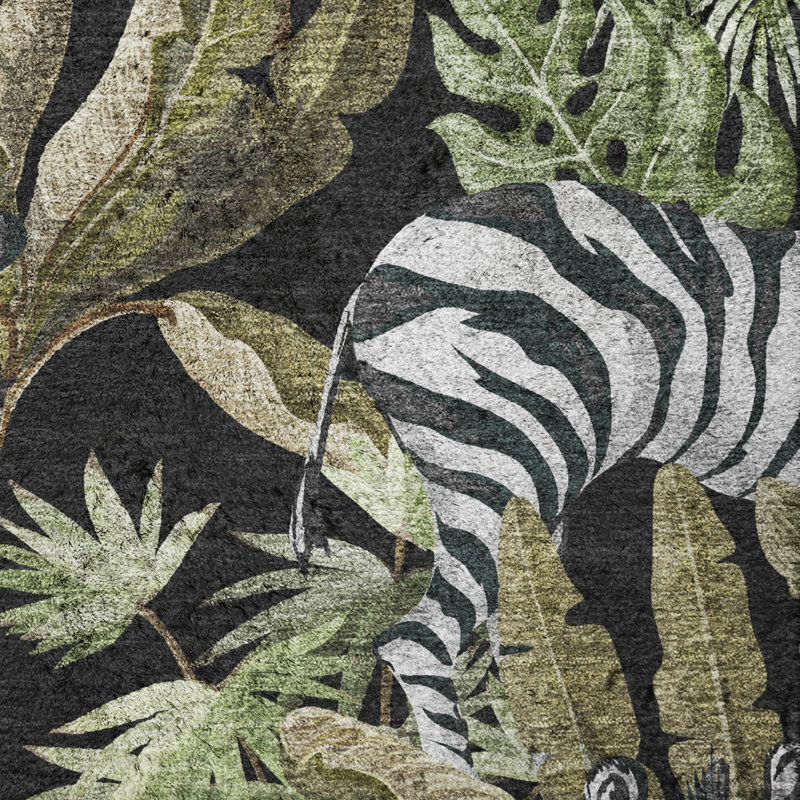 Premium Machine Washable Dream Shag ADS208 Palms and Zebras Rug, 1'8" x 2'6"