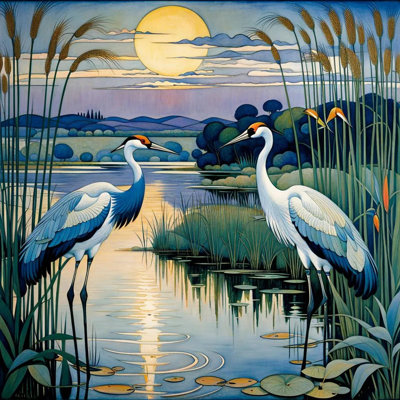 «Moonrise Watchers Cranes in Reflection», art sur toile