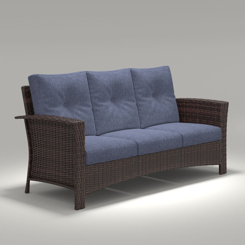 Outdoor Patio Wicker Extra Wide Armrest Sofa, All-weather High Back Couch With Soft Cushions, Brown, Navy