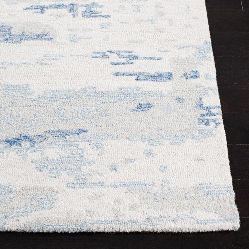 Ivory and Blue Abstract Hand-Tufted Wool 8' x 10' Rug