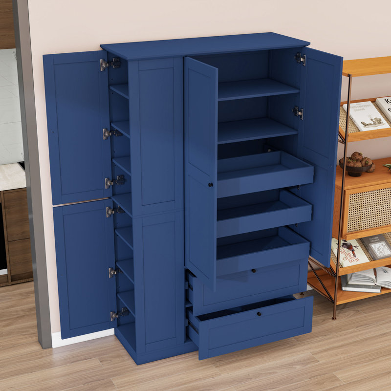 Grand garde-manger de style campagnard avec tablettes, 2 tiroirs et 3 plateaux coulissants, Blue